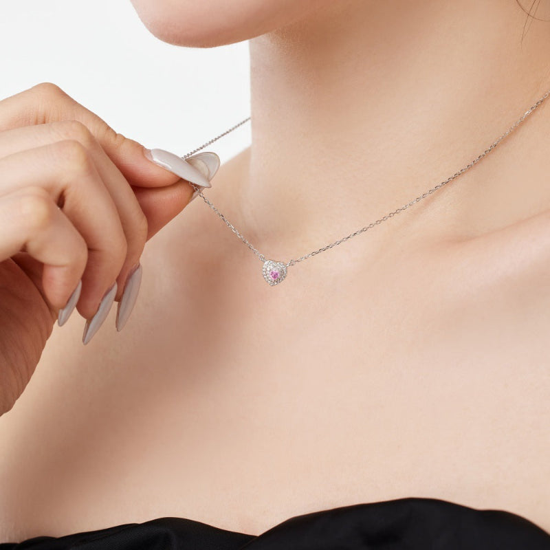 Luminous Silver Heart within a Heart Design Necklace

