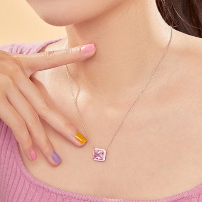 Emerald Cut Stone Pendant with Pink Halo

