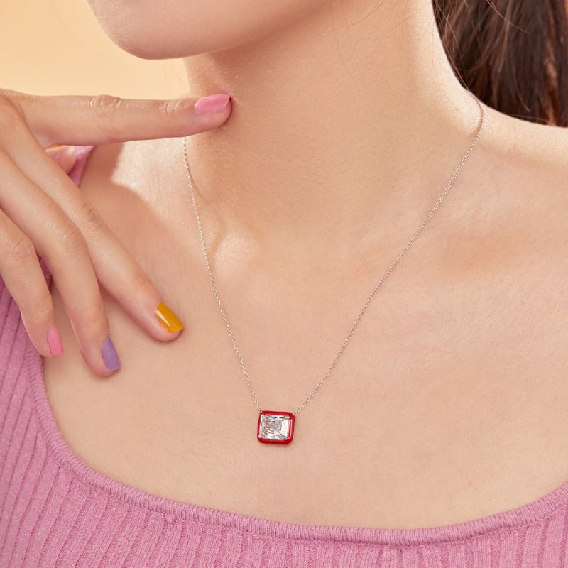 Emerald Cut Stone Pendant with Crimson Halo

