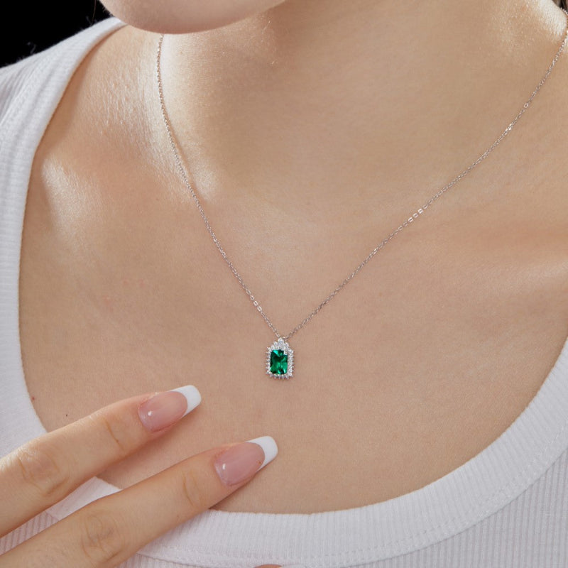 Dainty Sterling Silver Rectangular Green Gemstone Pendant

