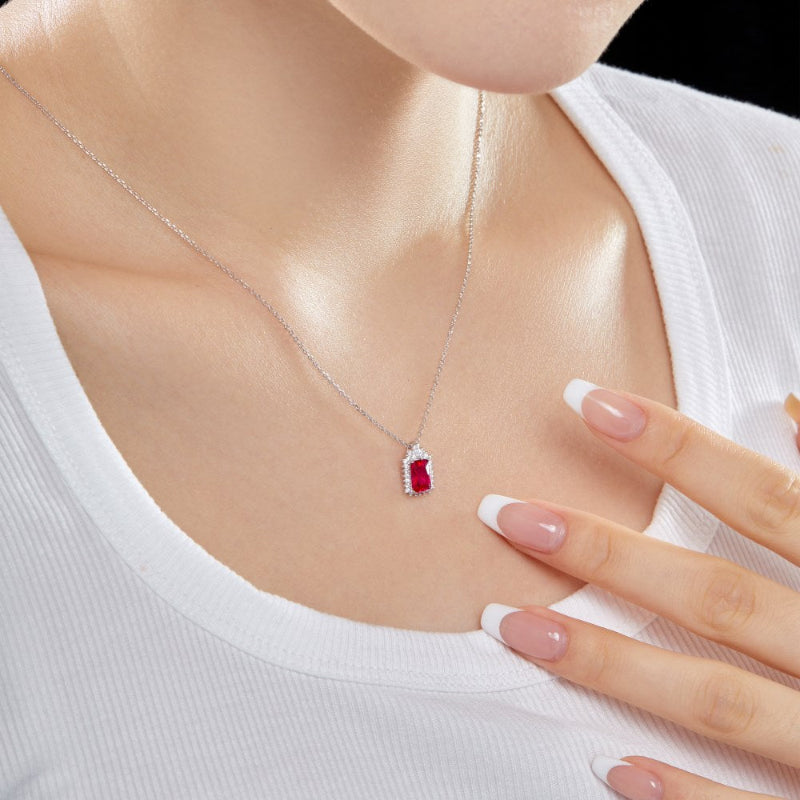 Dainty Sterling Silver Rectangular Ruby Red Gemstone Pendant

