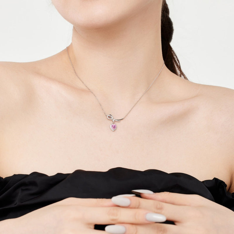 Ribbon Bow and Pink Gemstone Heart Necklace

