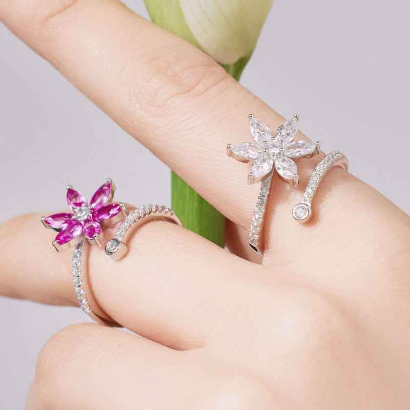 Sterling silver Sparkling Flower Open Ring