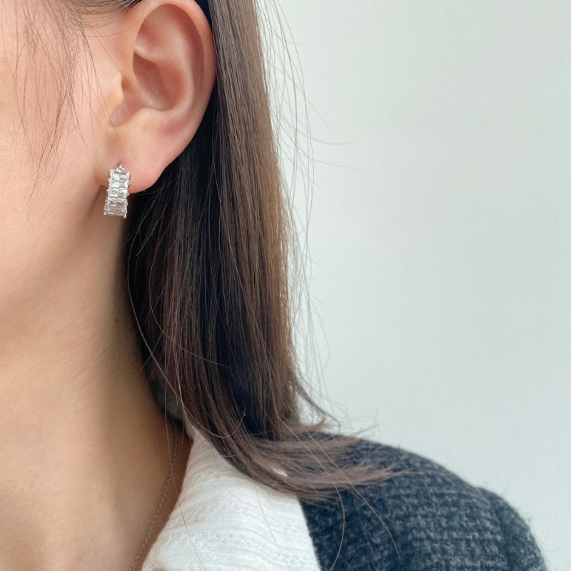 Silver Tone Emerald Cut Huggies

