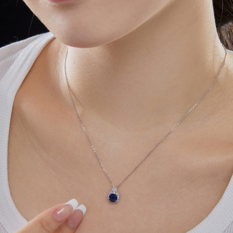 Elegant Silver Blue Crystal Halo Necklace with Baguettes

