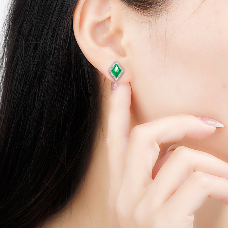 Silver Tone Green Diamond Shaped Earrings

