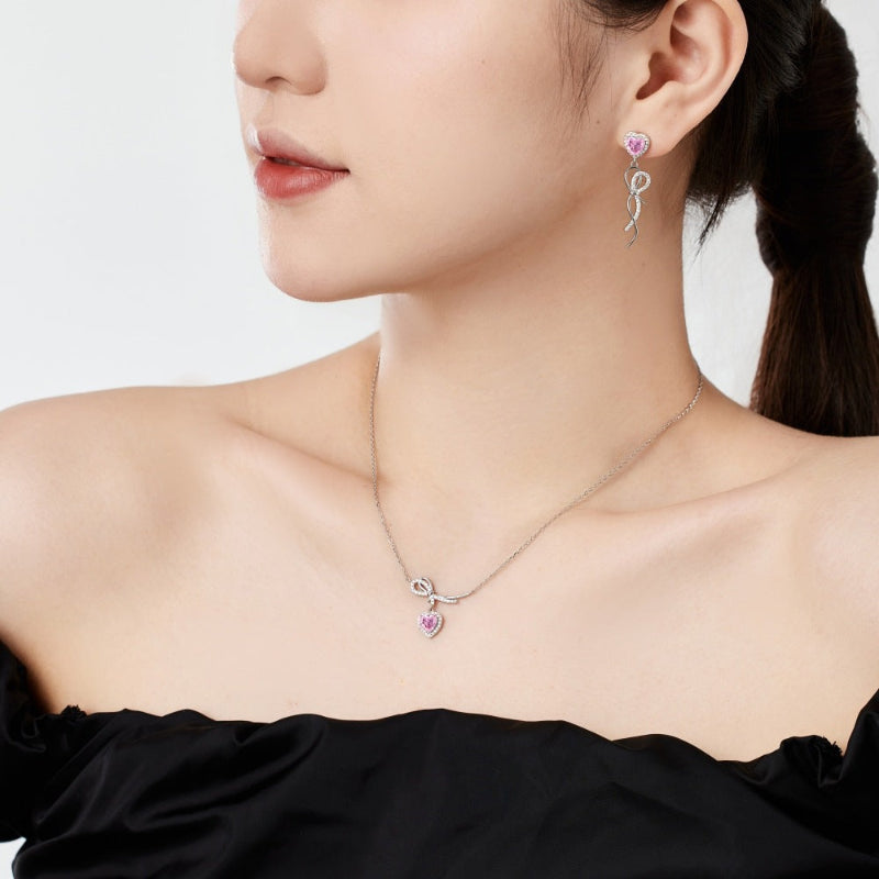 Romantic Pink Zircon Heart with Bow Necklace

