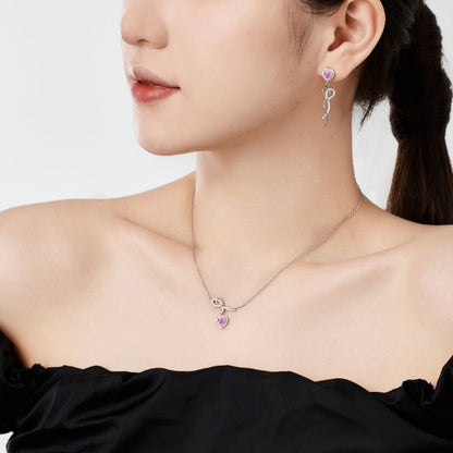 Romantic Pink Zircon Heart with Bow Necklace

