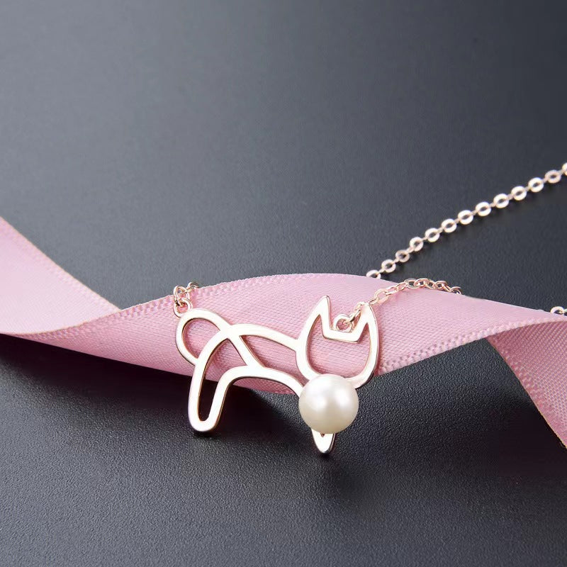 cat with pearl ball necklace silver