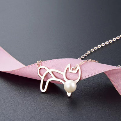 cat with pearl ball necklace silver