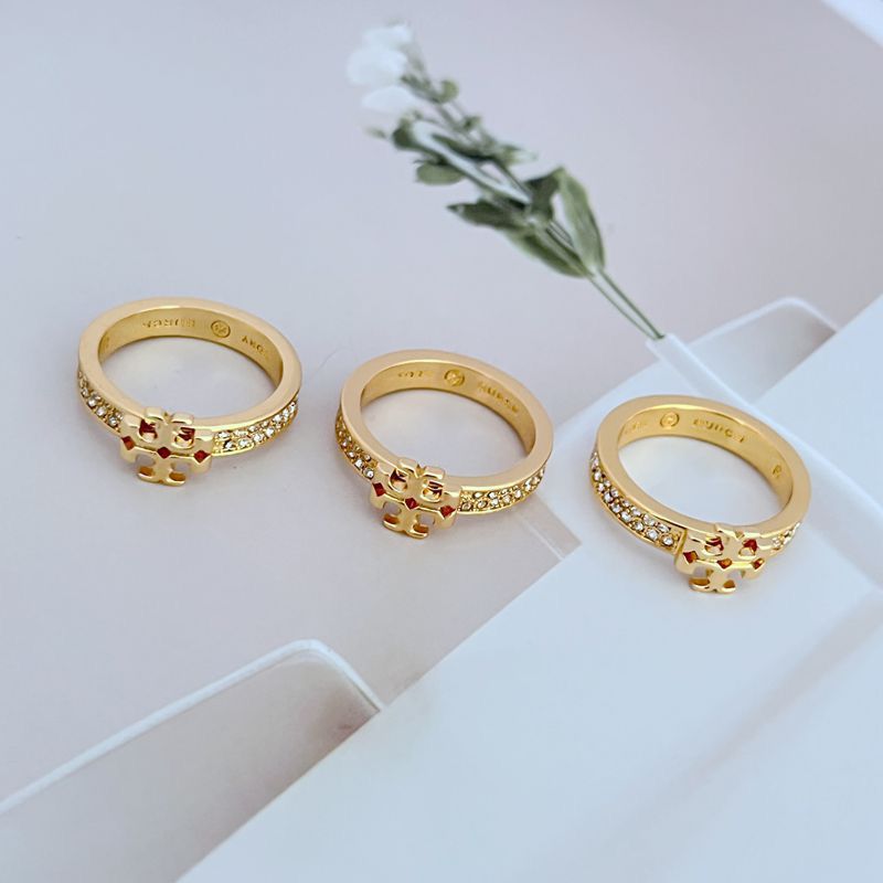 Gold-Tone Crystal Embellished Logo Rings

