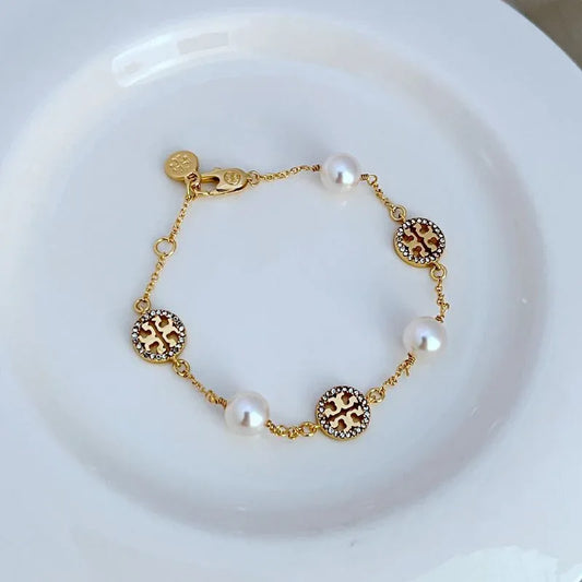 Tory Burch Geometric Round Pearl and Rhinestone Bracelet - JIMMY JEWELRY 01