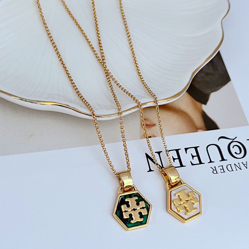 Gold-Tone Hexagonal Enamel Logo Necklace


