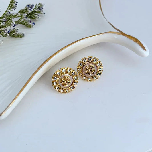 Tory Burch rhinestone natural shell round women's earrings - JIMMY JEWELRY 01