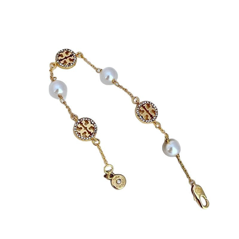 Tory Burch Pave Logo & Faux Pearl Bracelet

