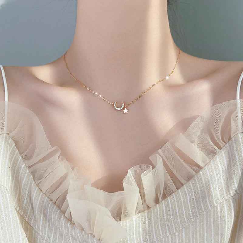 Sparkling Moon and Star Pendant Necklace