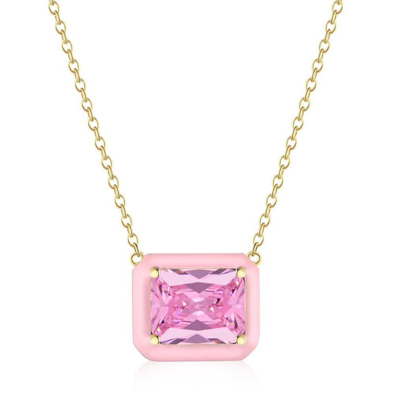Pale Pink Enamel Square Frame Necklace

