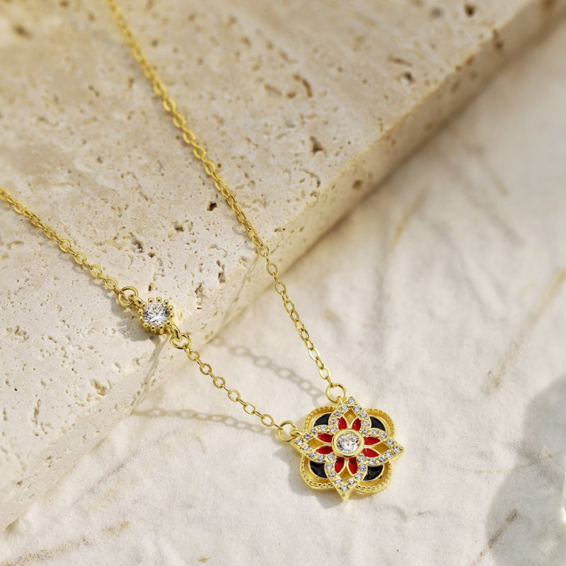 Trendy Silver Flower Symbol Necklace with Enamel Embellishments

