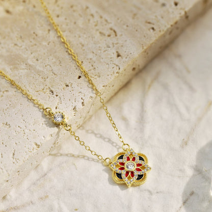 Trendy Silver Flower Symbol Necklace with Enamel Embellishments

