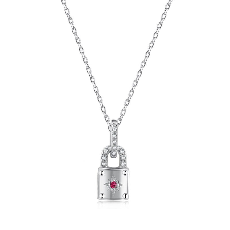 Trendy Silver Lock Symbol Necklace with Ruby Embellishment

