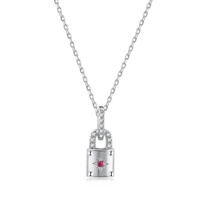 Trendy Silver Lock Symbol Necklace with Ruby Embellishment

