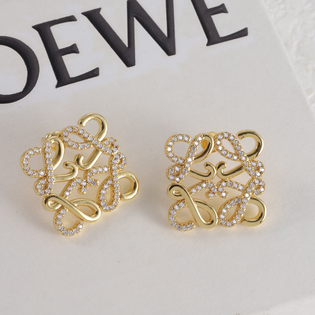LOEWE square stud earrings with hollow logo, gold-tone metal and clear pavé stones.