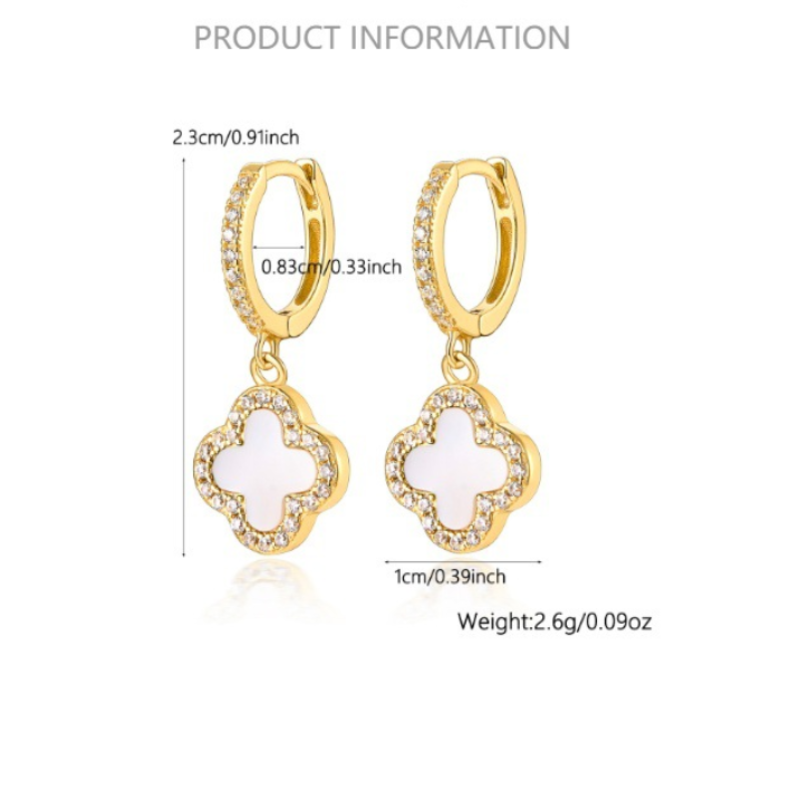 Gold clover drop earrings with black onyx and crystal halo, size view