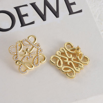 LOEWE gold-tone square stud earrings with hollow logo and clear pavé detailing.