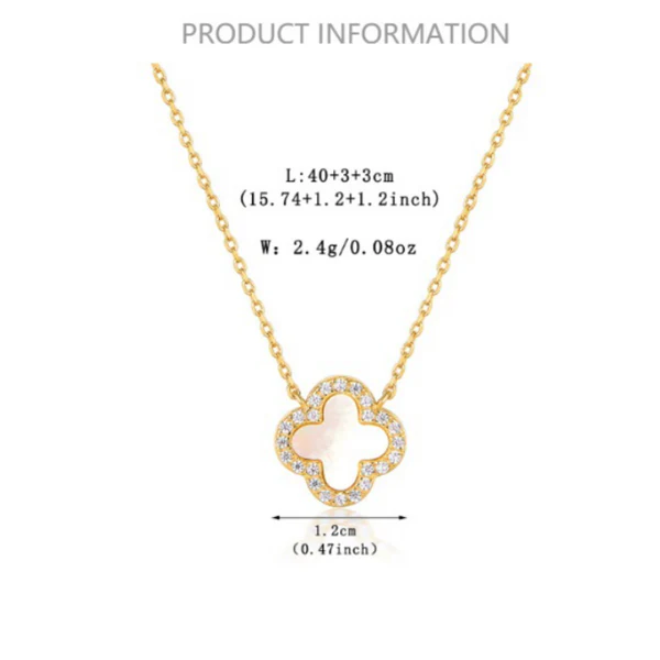 Gold-tone clover pendant with white center stone and rhinestone halo on chain