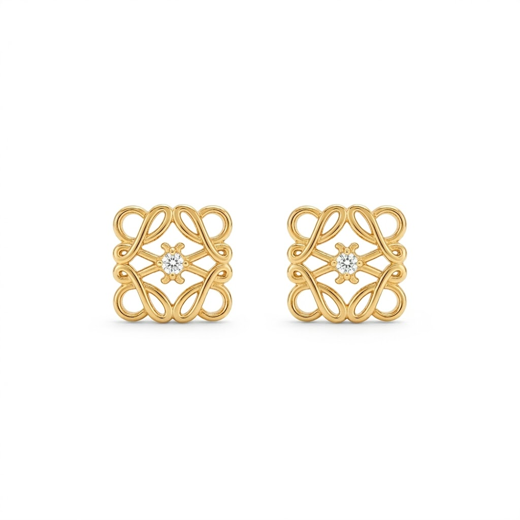 Gold-tone filigree square stud earrings with clear round crystal centers