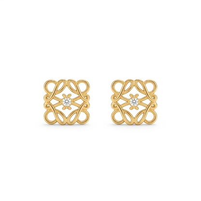 Gold-tone filigree square stud earrings with clear round crystal centers