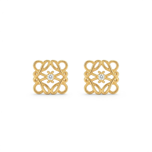 Gold-tone filigree square stud earrings with clear round crystal centers