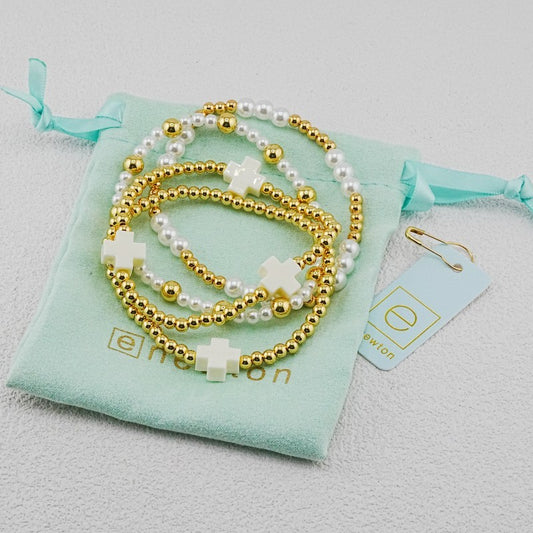 4-piece pearl beaded stackable bracelet set with white cross beads