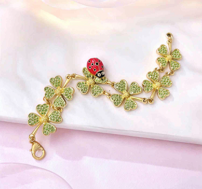 Oscar de la Renta Ladybug Lucky Four-Leaf Clover Bracelet | Gold Plated | 18+1cm