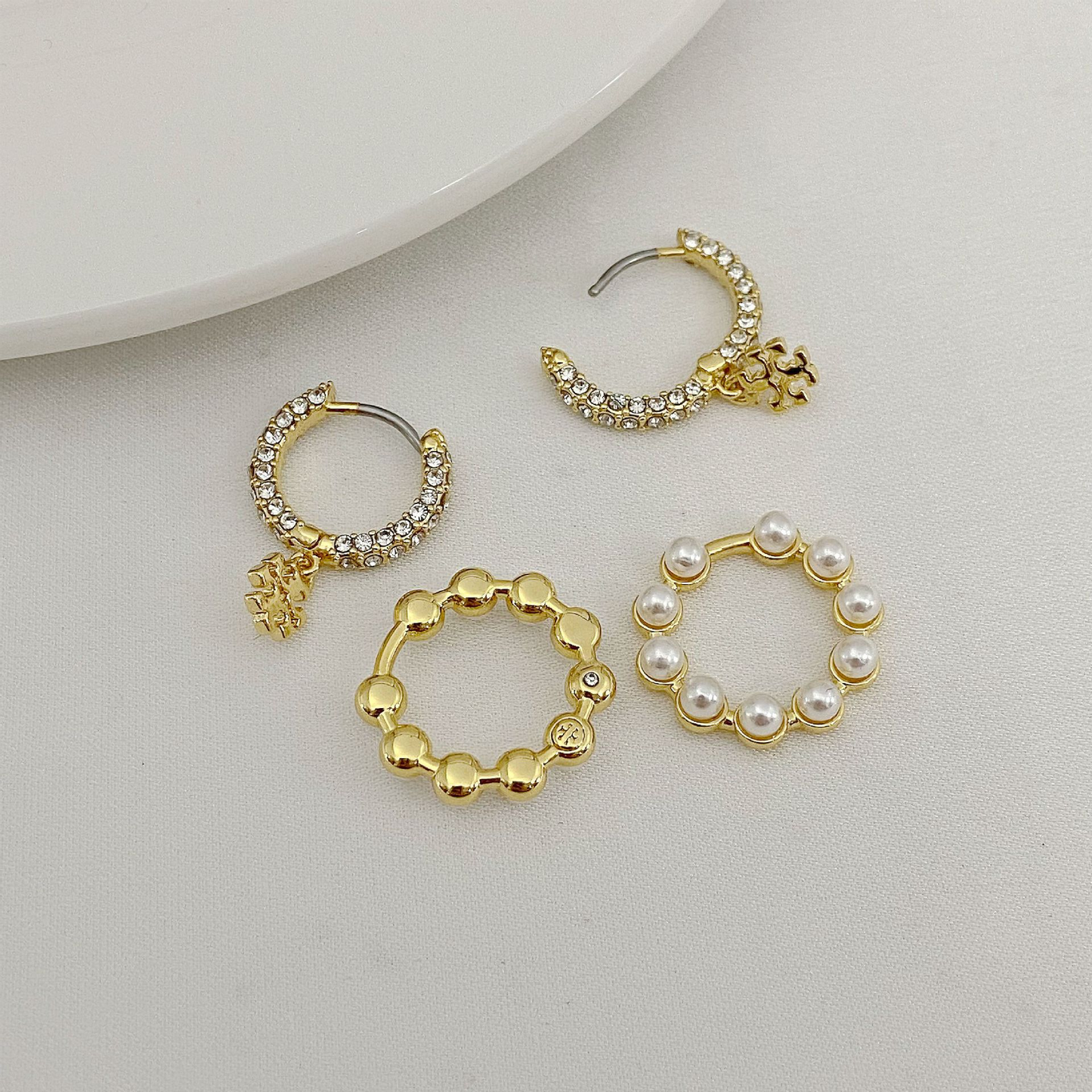 Tory Burch Rhinestone Pearl Hoop Pendant Earrings