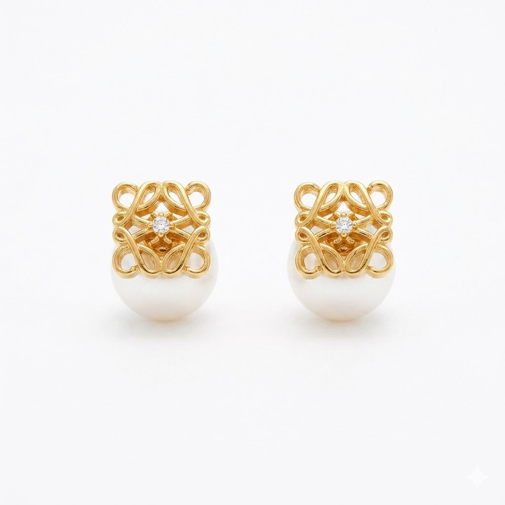 Gold-tone filigree square pearl stud earrings with clear crystal centers