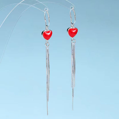 red heart enamel hook earrings silver