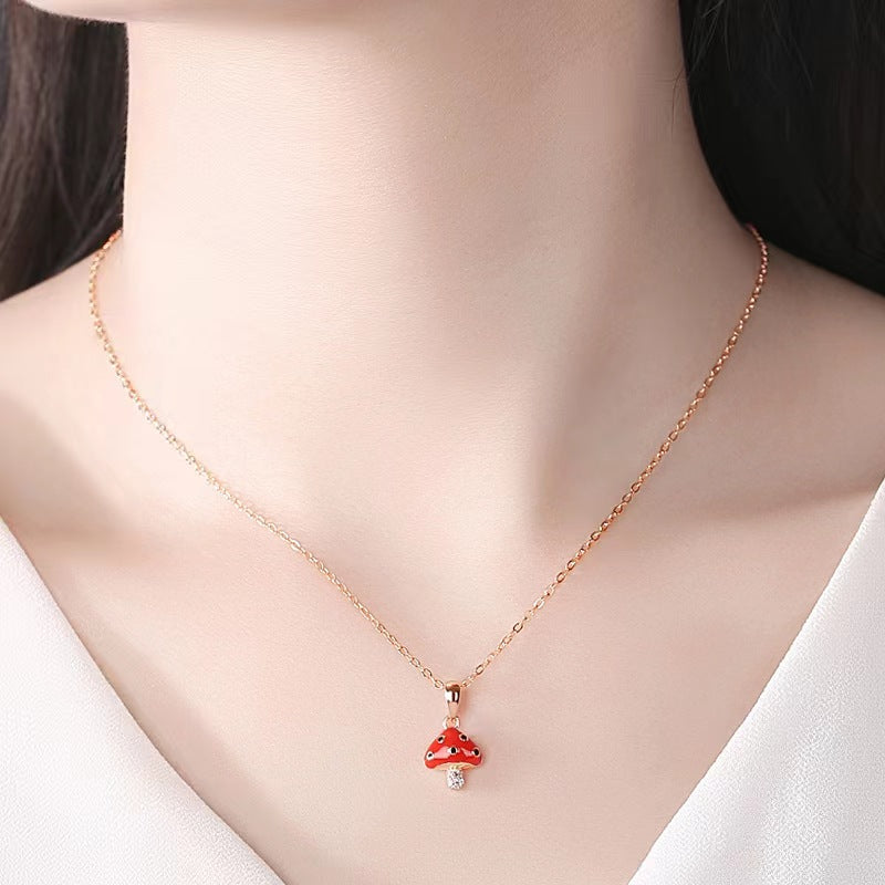 925 Sterling Silver Fashion Lovely Enamel Mushroom Pendant with Cubic Zirconia and Necklace