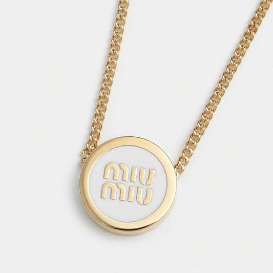 Miu Miu Gold Logo Enamel Necklace | White, Pink & Black