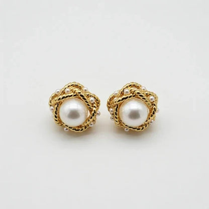 Vintage Round Woven Pearl Stud Earrings