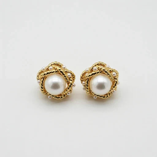 Vintage Round Woven Pearl Stud Earrings