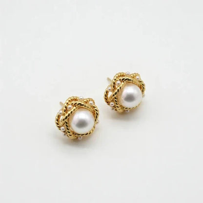 Vintage Round Woven Pearl Stud Earrings