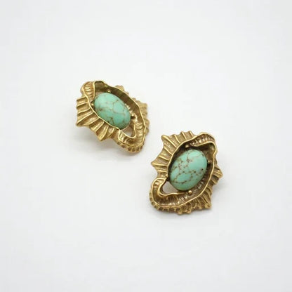 Vintage Distressed Leaf Synthetic Turquoise Earrings