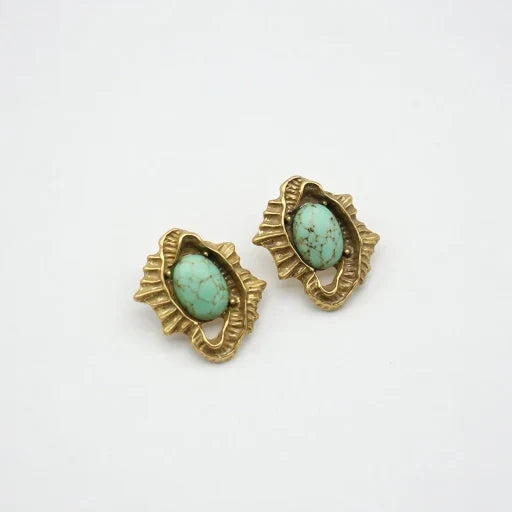 Vintage Distressed Leaf Synthetic Turquoise Earrings