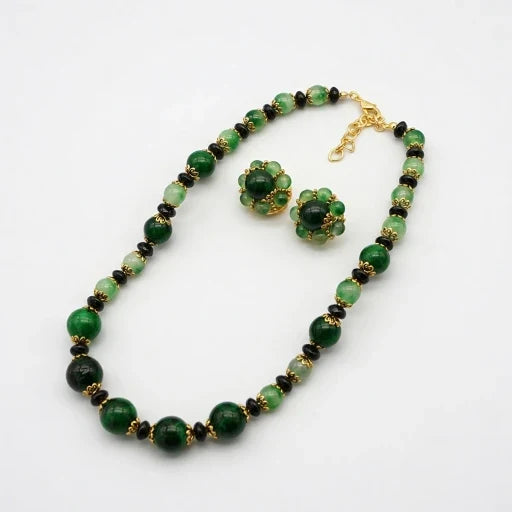 Vintage Green Coioured Glaze Bead Necklace and Earring Set