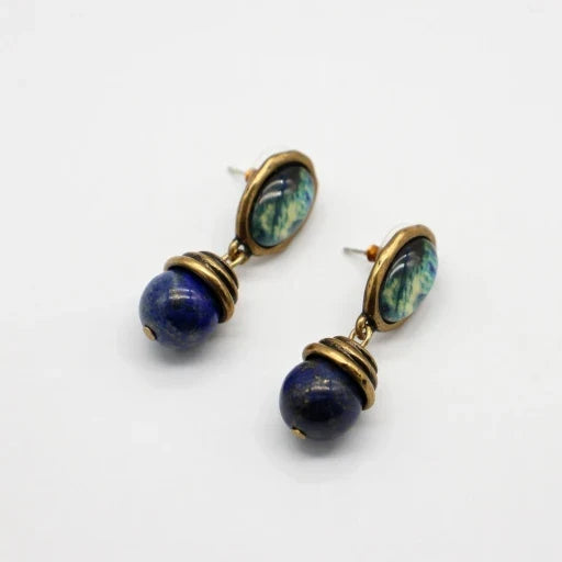 Vintage Oval Lapis Lazuli and Chalcedony Earrings