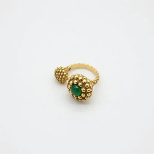 Green cabochon gold-tone ring with round bubble bezel and ridged band