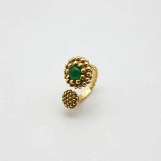 Gold-tone textured ring with oval green stone, raised bubble setting