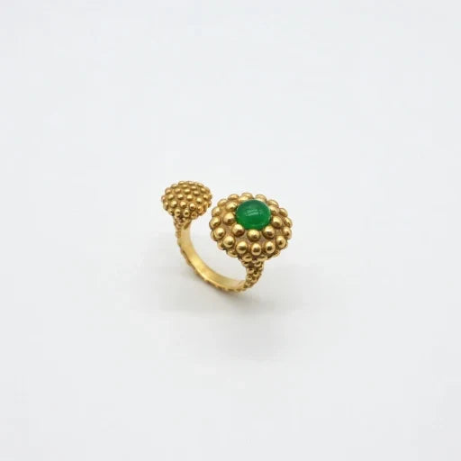 Gold-tone textured ring with green cabochon stone, bubble bezel design