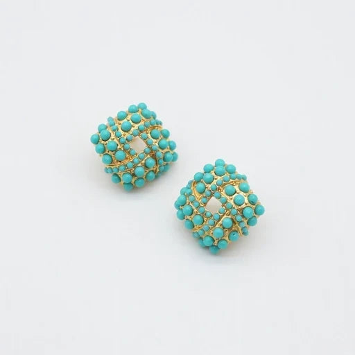 Turquoise beaded stud earrings with gold-tone lattice and small round bead edges